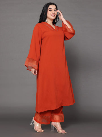 Varanga Women Plus Size Rust Straight Kurta Paired With Tonal Bottom